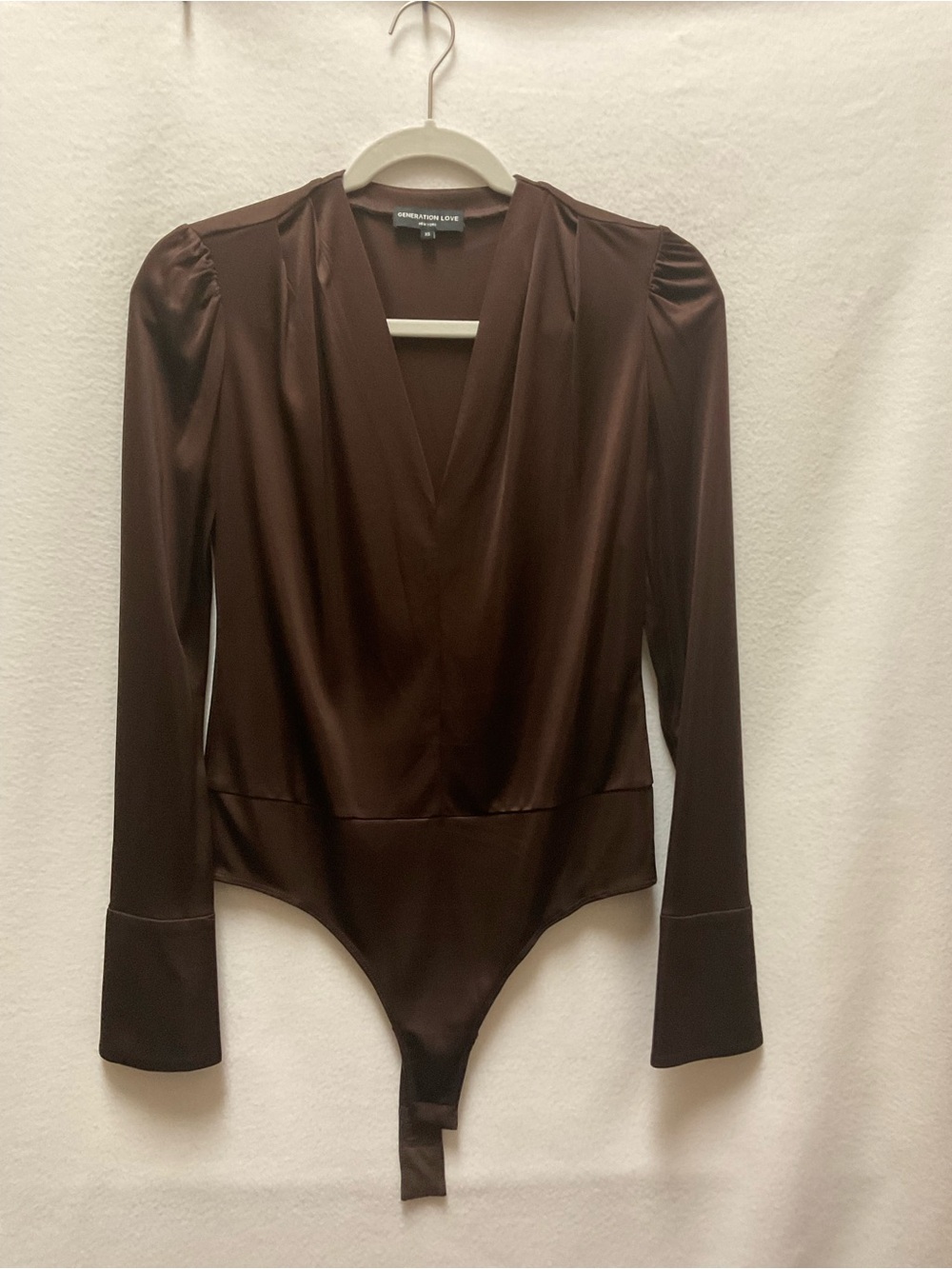 Generation Love Chocolate Brown Satin V-Neck Long Sleeve Bodysuit